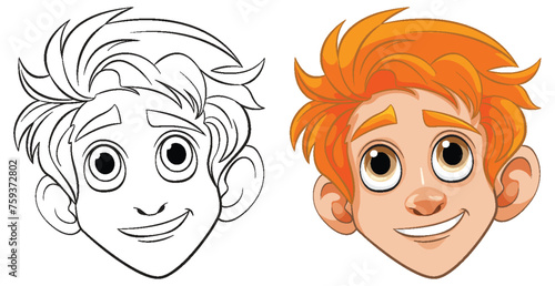 Two stages of character design, black and white to color