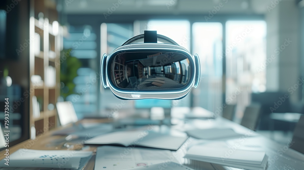 A virtual reality headset floating above a table surrounded by business documents, showcasing immersive technology applications in business, Virtual reality in business concept A virtual reality headset floating above a table surrounded by business documents, showcasing immersive technology applications in business, Virtual reality in business concept