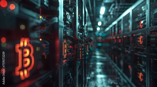 High-Tech Bitcoin Server Room: A and Cinematic Depiction of Cryptocurrency Security