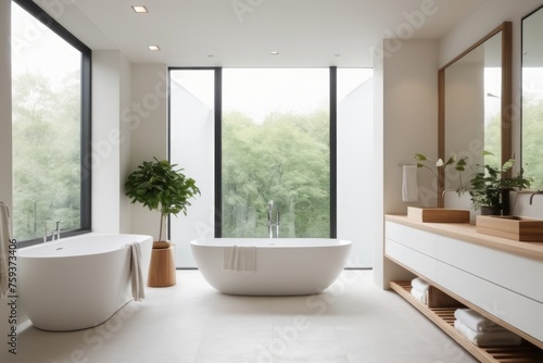 pacious and bright bathroom interior, featuring a pristine white-toned wall for a clean and tranquil ambiance © YIM11