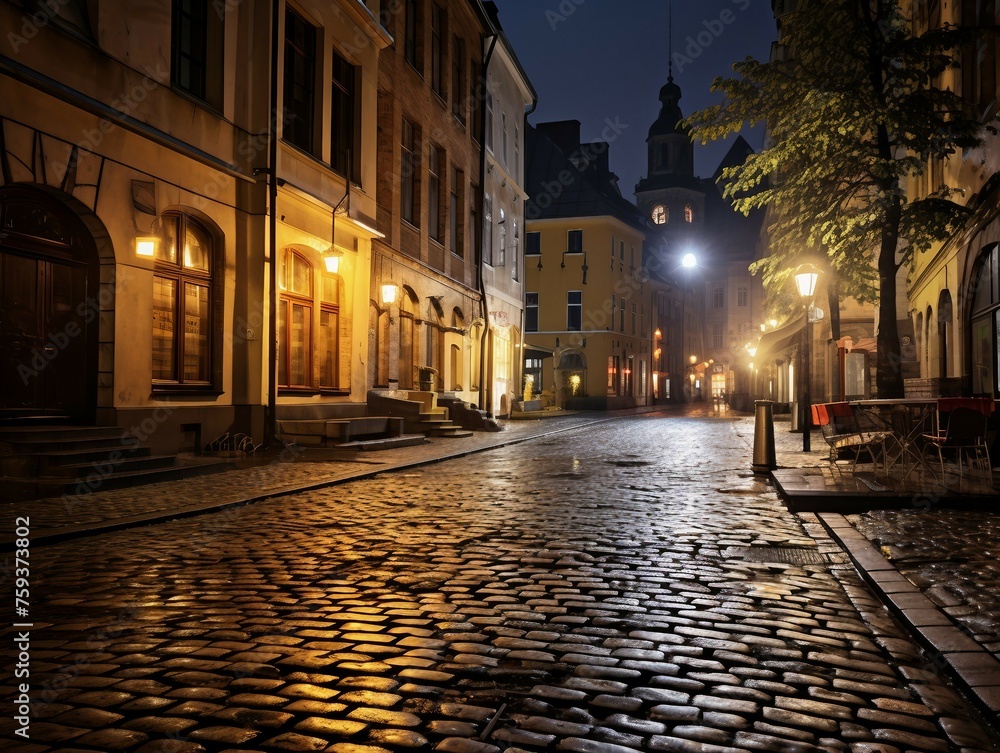 Old street in the old town of Riga at night, Latvia.