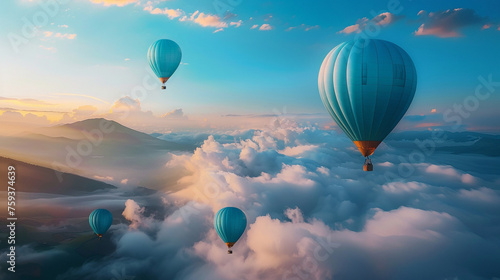 Azure blue balloons drifting lazily in the holiday sky, creating a serene and tranquil backdrop. photo