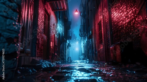 Deceptive Tranquility: A Glimpse into the Cyberpunk City's Gloomy Alleyway at Night photo