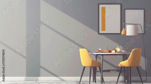 Apricot chairs at dining table with food in apartment interior with lamp and poster on grey wall. Minimalistic, simple, bright colors. © zooriii arts