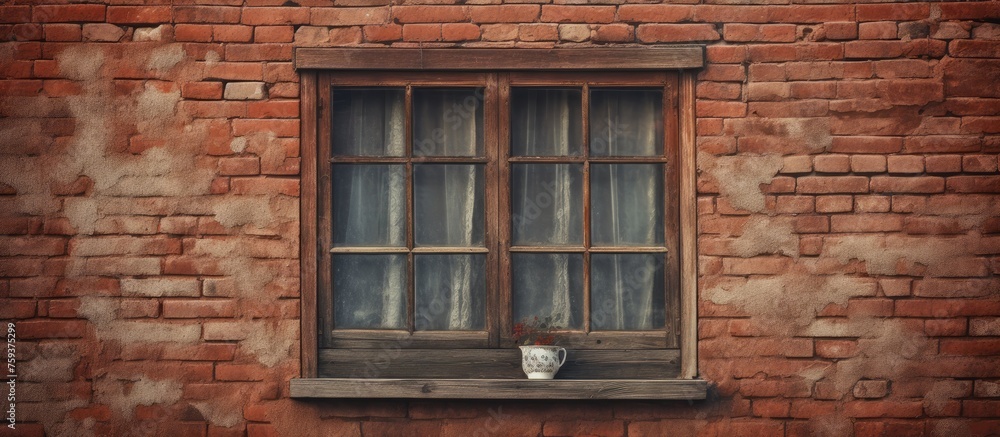 House window filled with wooden boards and red bricks