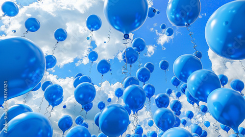 Azure blue balloons floating gracefully against a holiday sky  creating an atmosphere of tranquility.