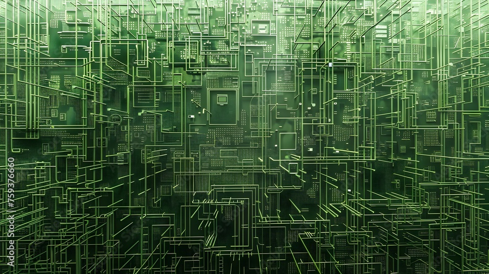 Intricate Green Circuit Board Design in Virtual Reality Depicting a Bitcoin Mining System's Complex Network