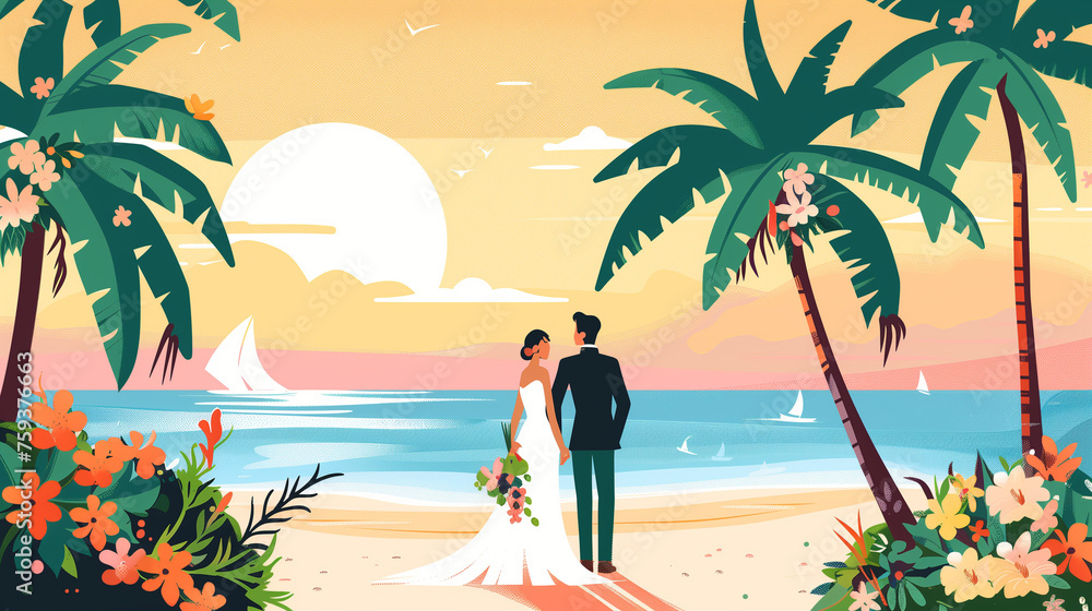 An illustration of a bride and groom are standing on a sandy tropical beach, both dressed in wedding attire at sunset