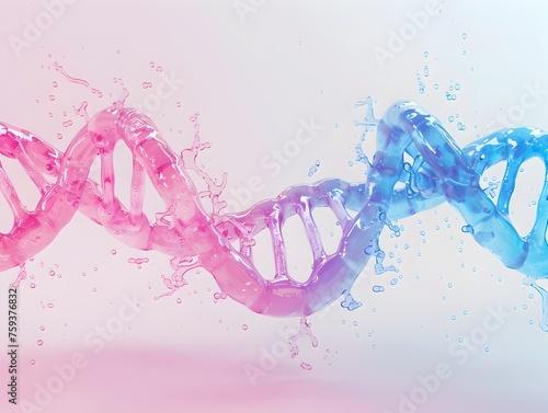 Merging Pink and Blue DNA Strands in a 3D Rendering with Water Splashes and Light Rays