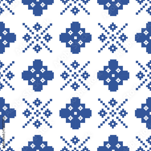 Cross Stitch embroidery seamless.Geometric pixel ethnic patterns. American, Mexican,African, mediterranean, nordic,Aztec style.Trendy folk art background design for products, fabric, ,print,decorate.