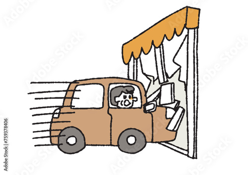 車で店舗に突っ込んでしまった男性高齢ドライバーのイラスト