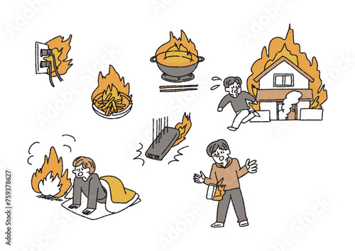 家事で家を飛び出す男性　火事で火種になるものに関するイラスト