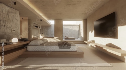 Photo of luxury minimalism bedroom with bed  Tv  and desk
