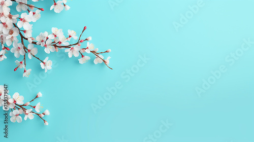 pretty white spring cherry blossom branches on turquoise background © pjdesign