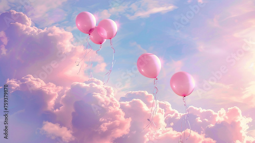 Blush pink balloons drifting lazily in the holiday sky, creating a delicate and enchanting atmosphere.