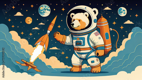 illustration of a bear and the moon or illustration of a bear or polar bear cub or polar bear in the snow or polar bear on the ice or bear alien in the space or bear on the moon