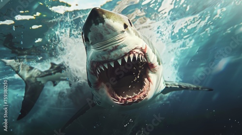 Realistic photo of attacking shark under the water, dangerous great white shark, sea creature photo