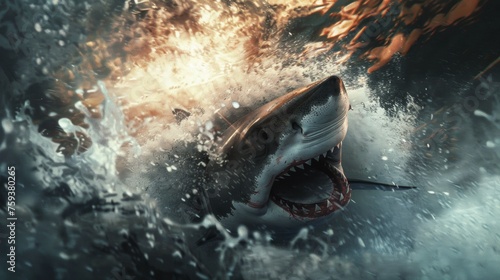 Illustration of attacking shark under the water  dangerous great white shark  sea creature