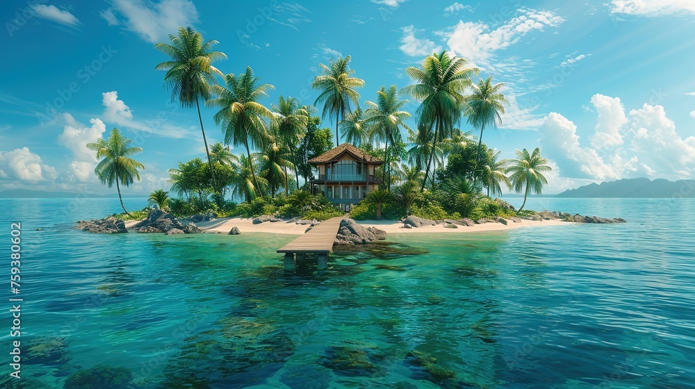 Beautiful tranquil natural vacation seascape. Bright summer view of the paradise island. Generative AI