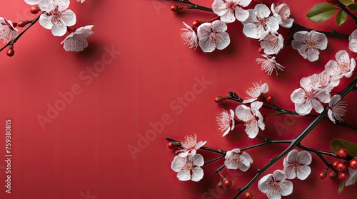 top view of chinese new year background with flower oranament and red background photo