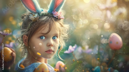 Portrait of a little girl with bunny ears and easter eggs 