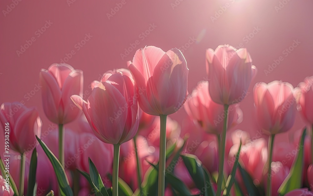Pink tulips in spring on ​bright pastel background. Mockup product presentation. advertisement. copy space.