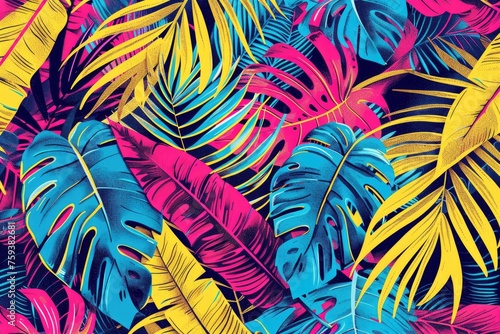 A vibrant tropical leaf pattern with a pop art color scheme