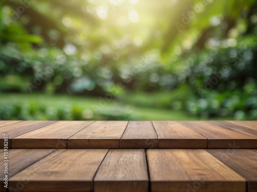 empty wooden table top green garden