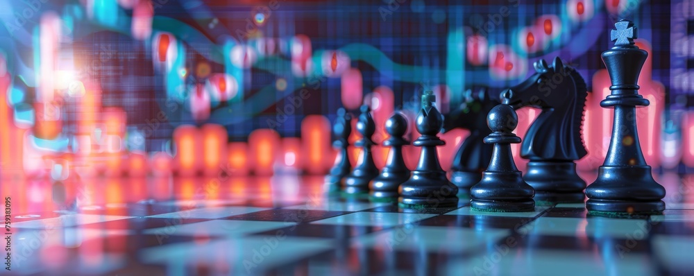 Financial markets and chess strategy collide with a board set against stock graphs and the drama of thunderclaps - obrazy, fototapety, plakaty 