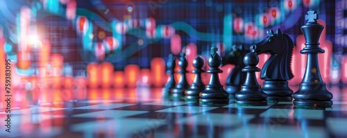 Financial markets and chess strategy collide with a board set against stock graphs and the drama of thunderclaps photo