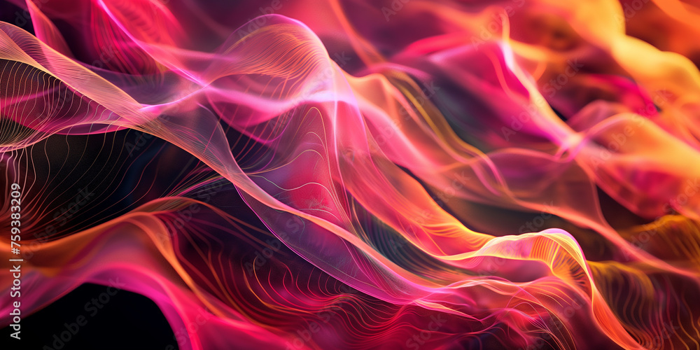 3D Created Abstract Fractal Light Background. Black and Orange Fiery Wave Design.