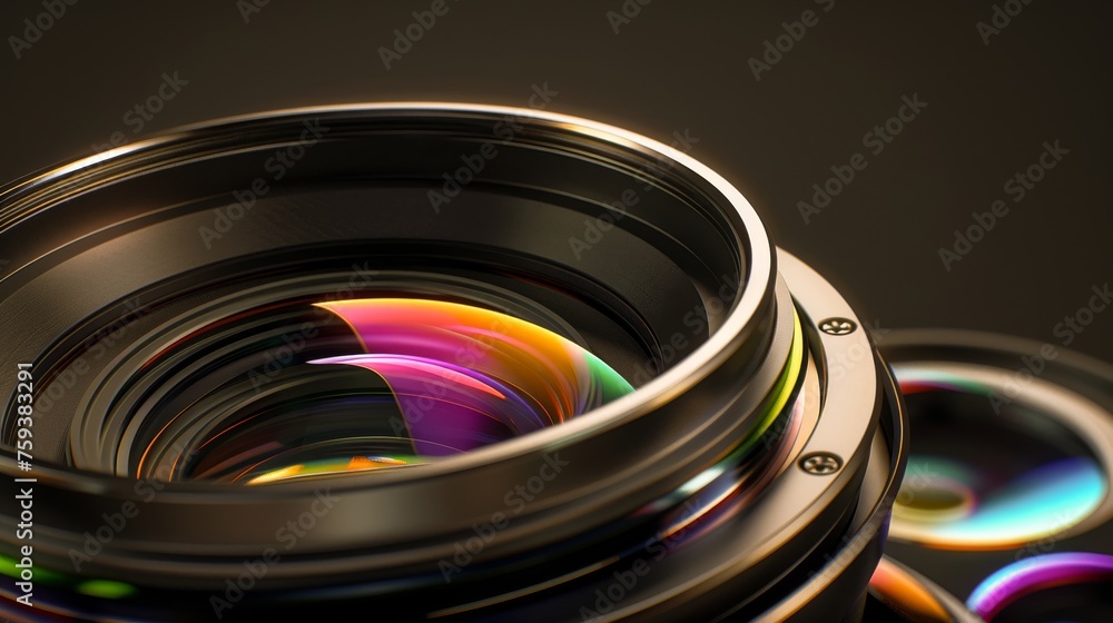 Detailed view of a DSLR lenss lens elements emphasizing the complex optical design with colorful reflections - obrazy, fototapety, plakaty 
