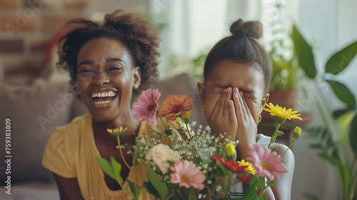 Black Mother with child, Mother`s Day Concept, Two women sit on a cozy couch, surrounded by colorful flowers in full bloom. They share a moment of relaxation and conversation in a beautiful setting © Fokke Baarssen