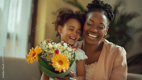 A woman cradles a little girl who holds a vibrant bouquet of flowers in her hands, both sharing a moment filled with tenderness and love, Black Mother with child, Mother`s Day Concept