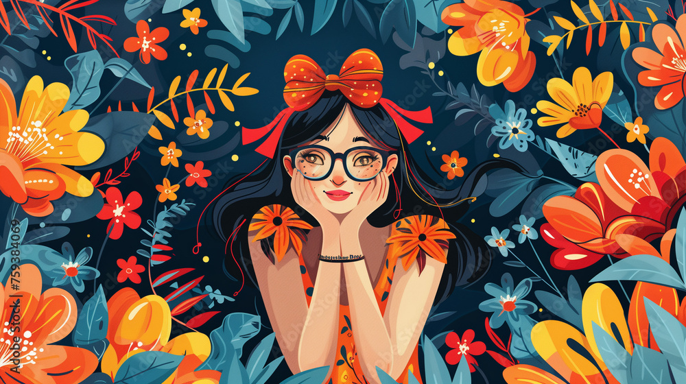 A vibrant painting of a woman with oversized glasses and a playful bow in her hair, exuding confidence and style, Mother`s Day Background A vibrant painting of a woman with oversized glasses and a playful bow in her hair, exuding confidence and style, Mother`s Day Background