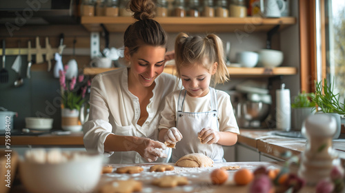 A woman and a little girl are joyfully making cookies together in a cozy kitchen, surrounded by ingredients and baking tools, Mother`s Day concept