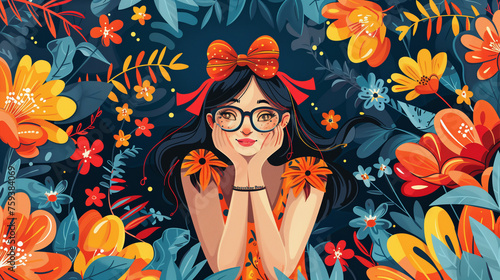 A vibrant painting of a woman with oversized glasses and a playful bow in her hair, exuding confidence and style, Mother`s Day Background © Fokke Baarssen