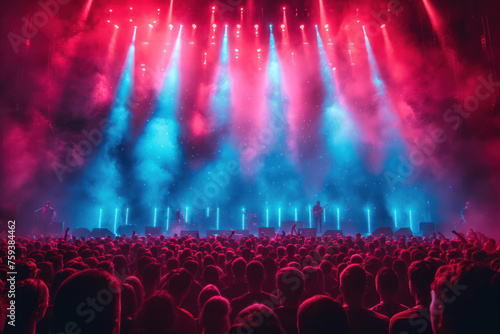 People at a Concert with Bright Blue and Magenta Colours and Lights extreme closeup. Generative AI