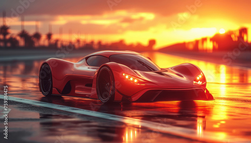 Red Sports Car Rushing on a Race Track extreme closeup. Generative AI