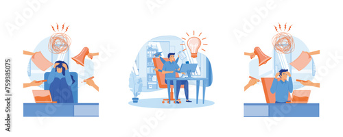 Multitasking Work concept. Man in Workplace with Multitasking Work. Time Management Planning and Scheduling Concept. Set flat vector modern illustration
