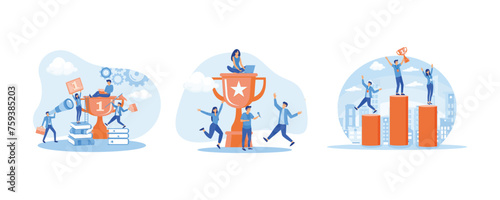 Success team concept. People near the trophy celebrating achieving success. People standing on the podium rank first three places, jumps in the air with trophy cup. Set flat vector modern illustration © Alwie99d