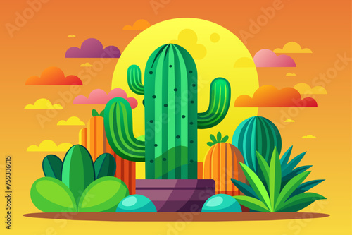 The idyllic and peaceful desert landscape features a backdrop of towering cacti standing tall against a captivating sky.