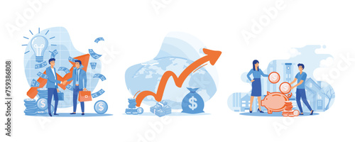 Making financial deal. Income growth chart. Married Couple Save Coins in Piggy Bank. Set flat vector modern illustration