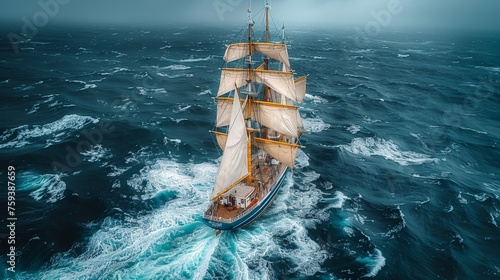 Magnificent historical schooner sailing in the ocean