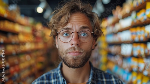 Young man in a supermarket grocery shopping
