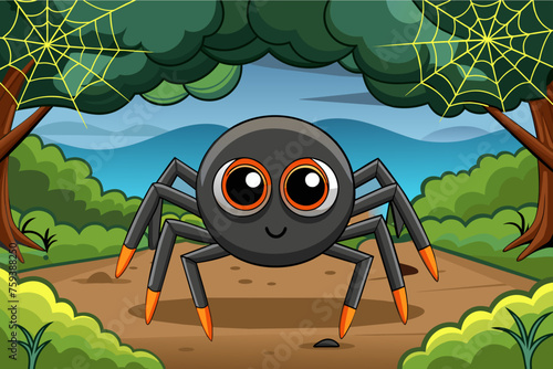 A cute spider rests on a delicate web spun amidst the vibrant leaves of a tree.