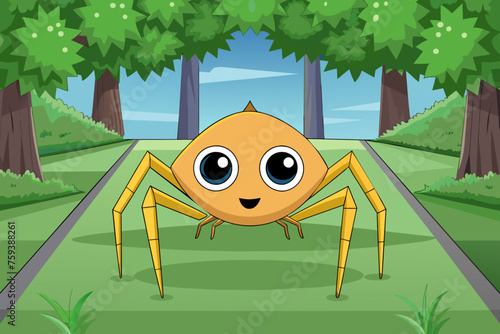 A cute spider rests on a delicate web spun amidst the vibrant leaves of a tree.