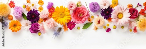 Bouquet of colorful flowers on white background. Flat lay, top view © Digital Waves