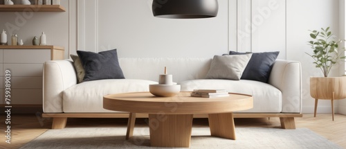 Scandinavian home interior design. Round wood coffee table against white sofa.  © Eureka Design