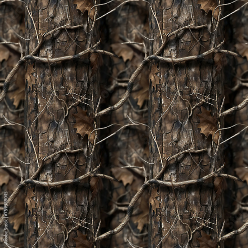 Forest Camouflage Pattern with Tree Branches and Twigs. Seamless Repeatable Background. photo